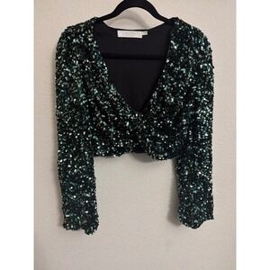ASTR The Label‎ Green Sequin Twist Front Crop Top Long Sleeve Women's Small